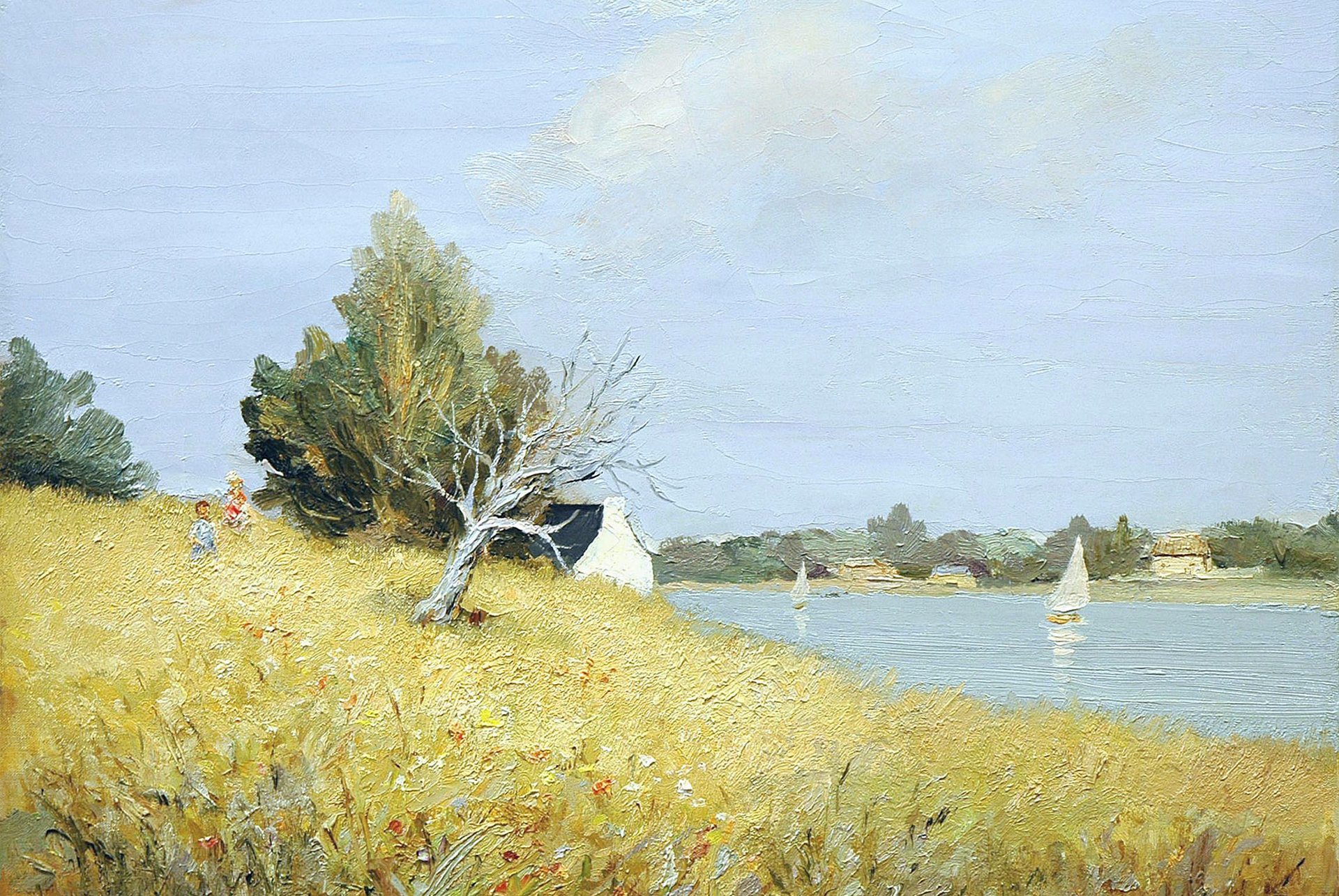 marcel dief tumiac bretagne peinture paysage collines maison bateau voile