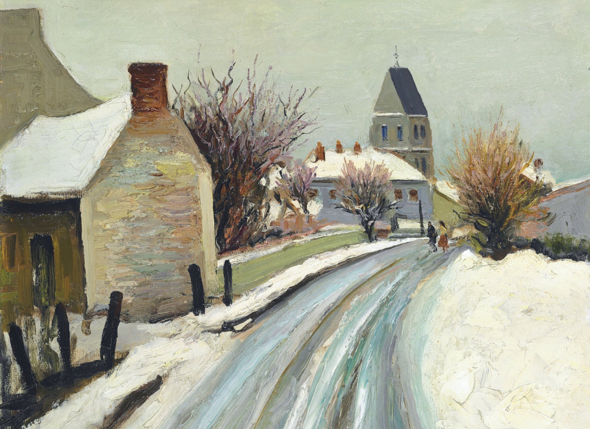 marcel dief rue perdreau bois sur arcy en hiver peinture urbain paysage neige maison arbre