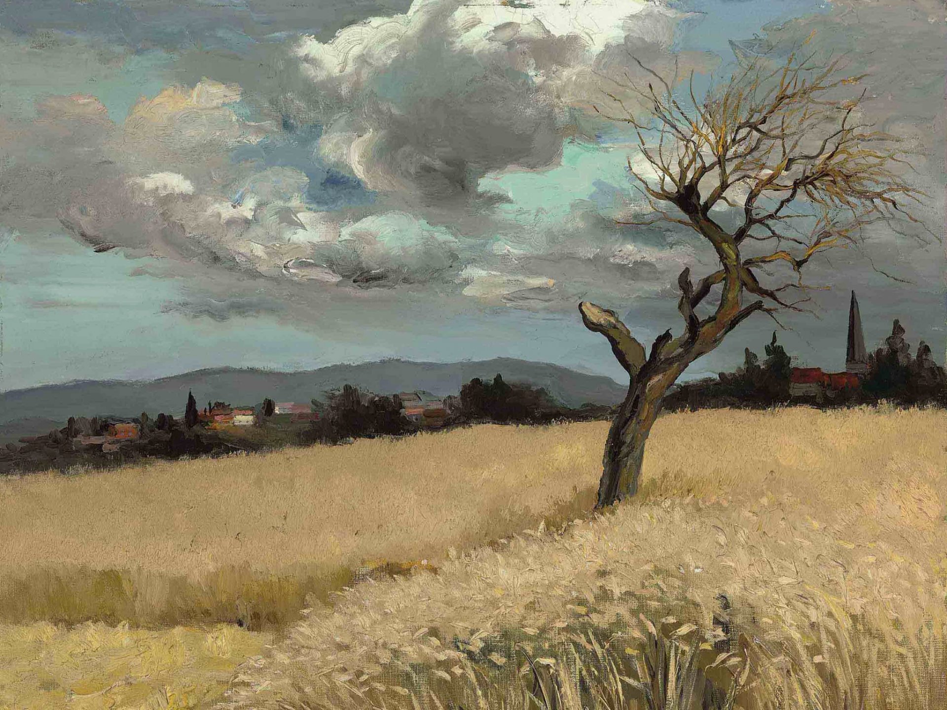 marcel dief blé en ile-de-france peinture paysage champ arbre maisons montagnes nuages