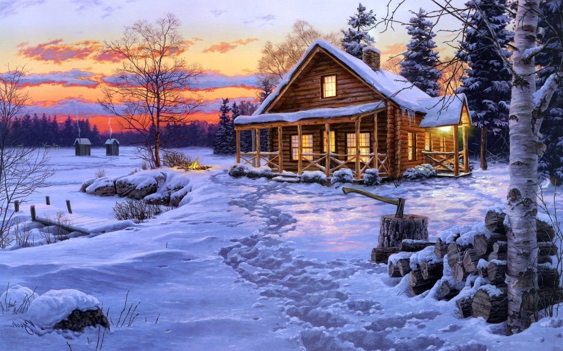 winter schnee spuren haus lichter himmel