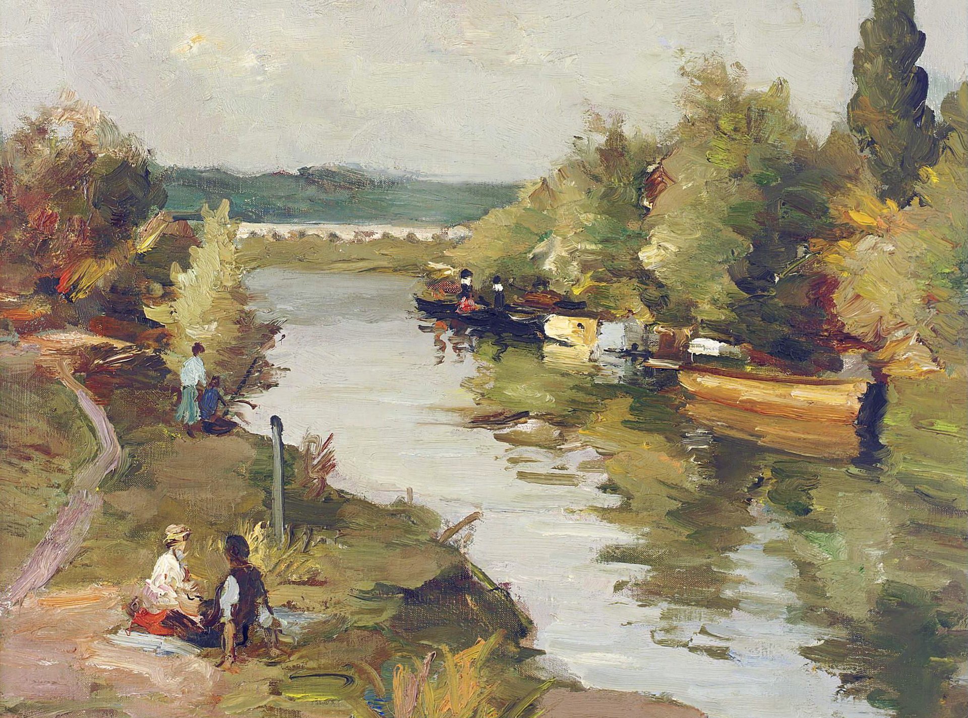 marcel dif amantes en la orilla del río pintura paisaje río árboles personas barco camino