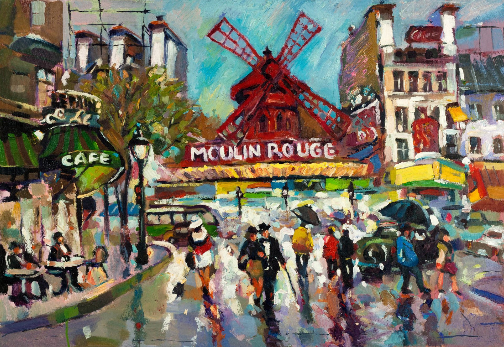 art peinture peinture ville paris france pluie place pigalle café gens boulevard clichy moulin rouge moulin rouge célèbre classique cabaret moderne impressionnisme multicolore peintures coups de pinceau huile sur toile