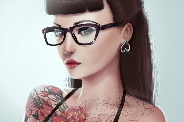 Kunstbild eines Mädchens mit Brille und einem Tattoo auf der Schulter in Form einer Blume