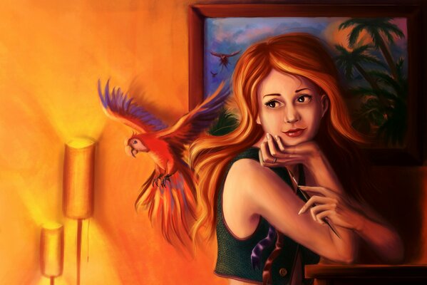 A girl and a parrot in a room with a painting