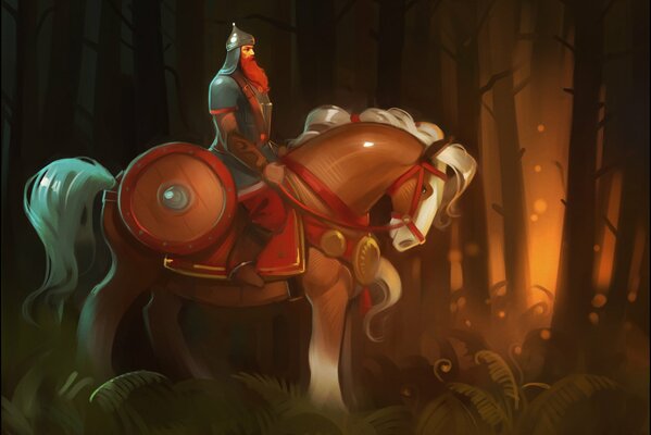 Drawing of a hero on a horse in the forest