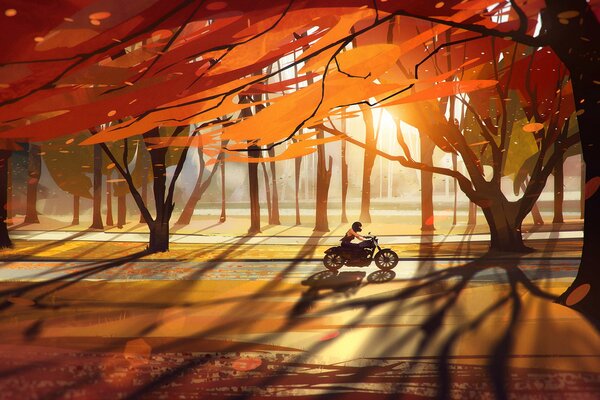 Drawing a motorcyclist rides through an autumn forest