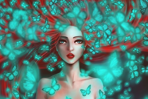 Drawing of a girl with red hair with butterflies flying around her