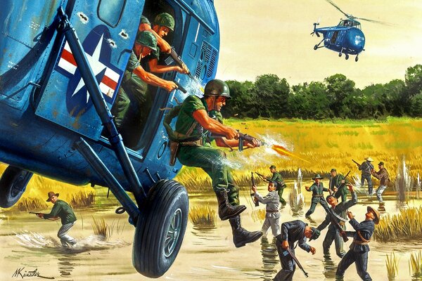 Illustration by Mort Kunstler landing from a helicopter