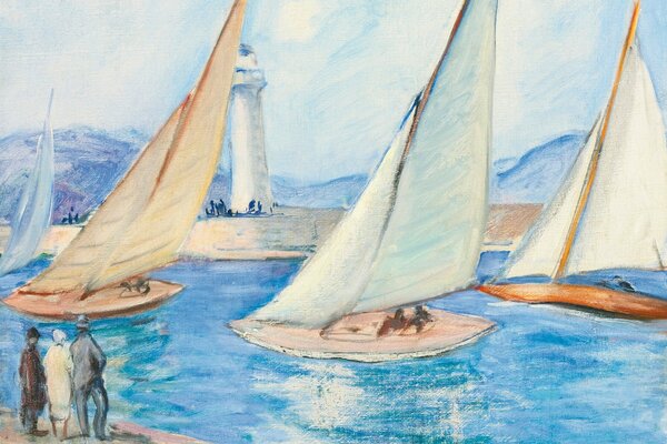 Dessin d Henri Lebasque représentant des yachts avec des voiles en mer