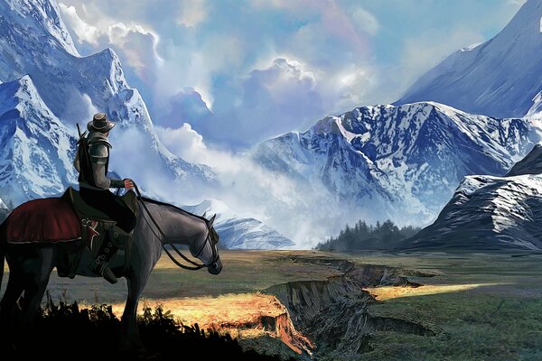 The rider looks sadly at the snowy mountains