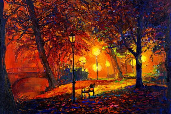 Parque de otoño acuarelas. Pintura con pinturas