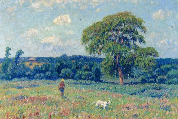 Landscape. A hunter with a dog in a motley meadow