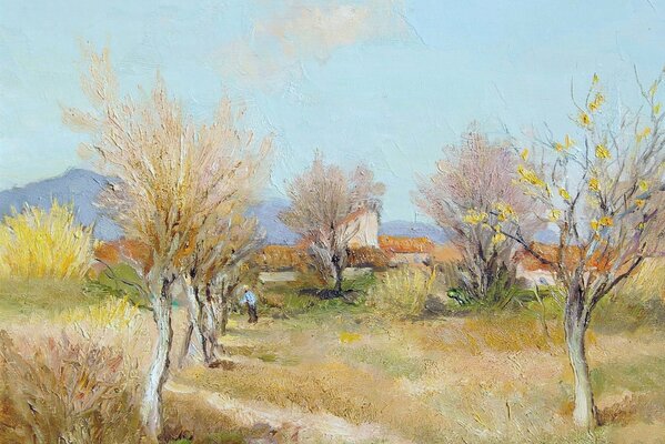 Painting orchard in spring in pastel colors