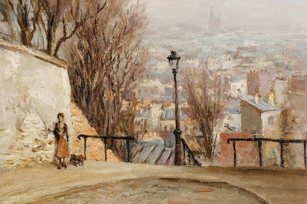 Peinture paysage urbain rue lanterne