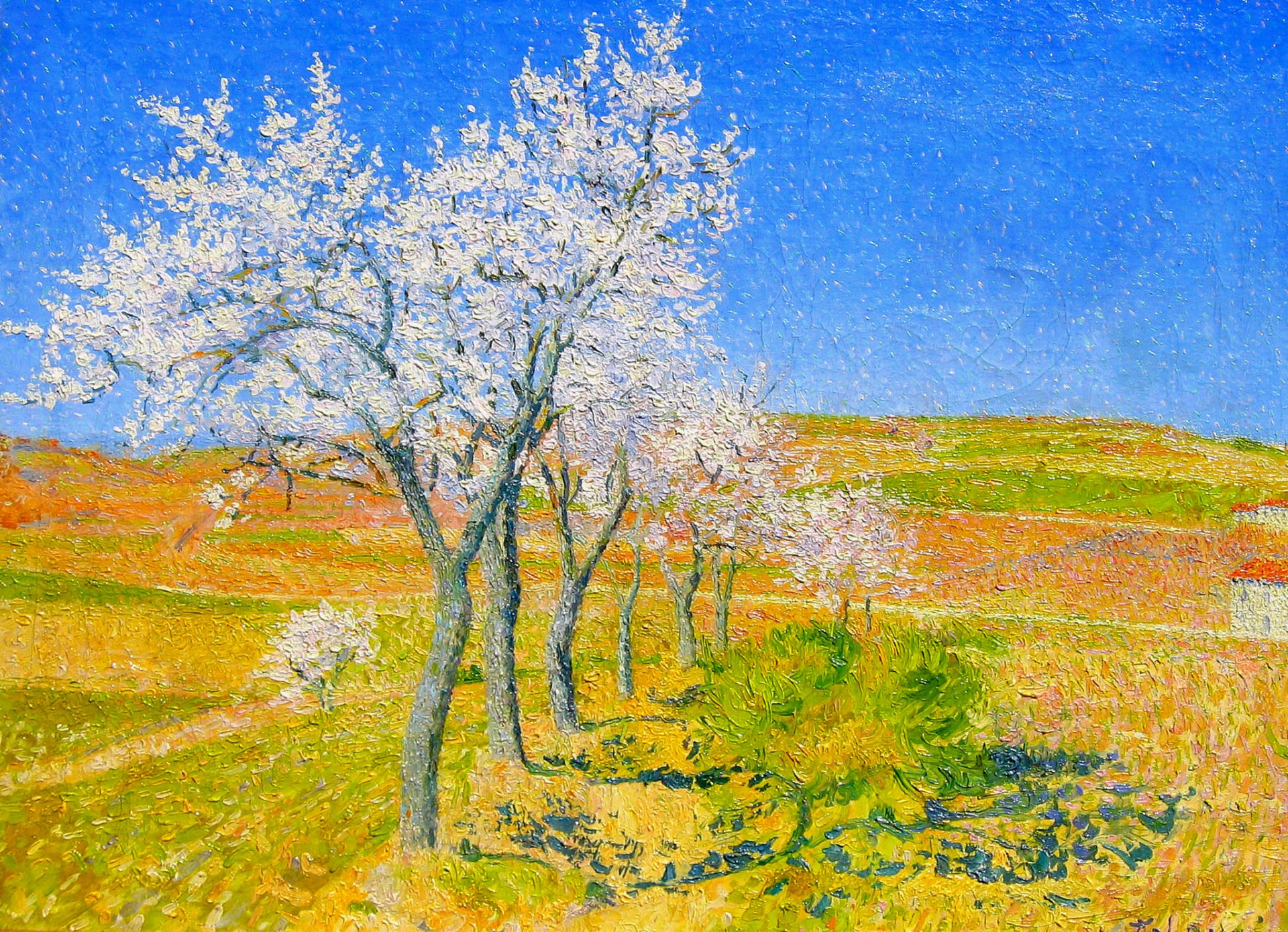 achille lauge pittura paesaggio cielo campo casa alberi primavera