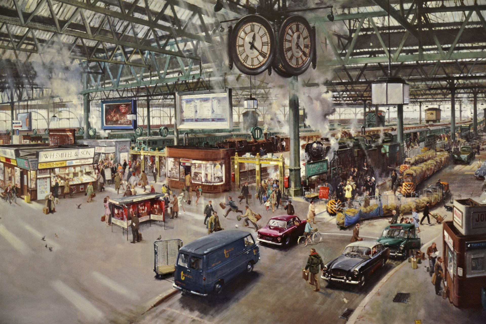 estación de tren trenes humo gente reloj ciudad pintura terence cuneo 1967