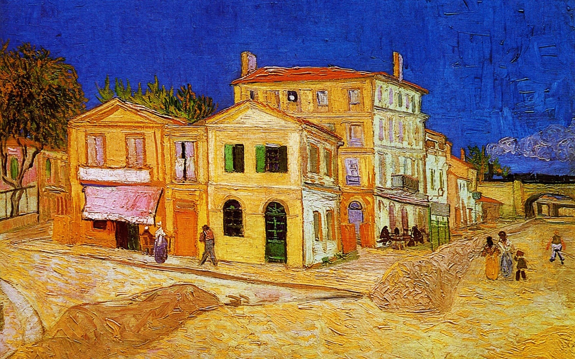 vincent van gogh pintura paisaje cielo ciudad casas personas puente