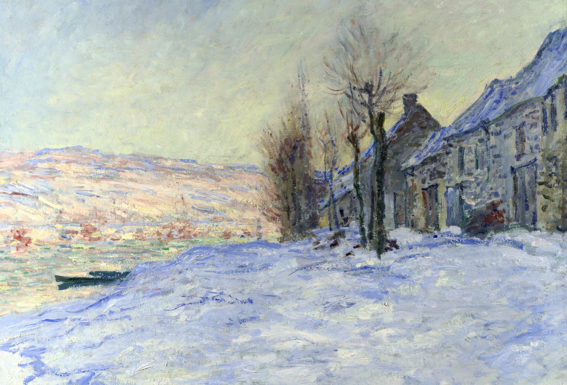 claude monet peinture paysage rivière bateau hiver maison