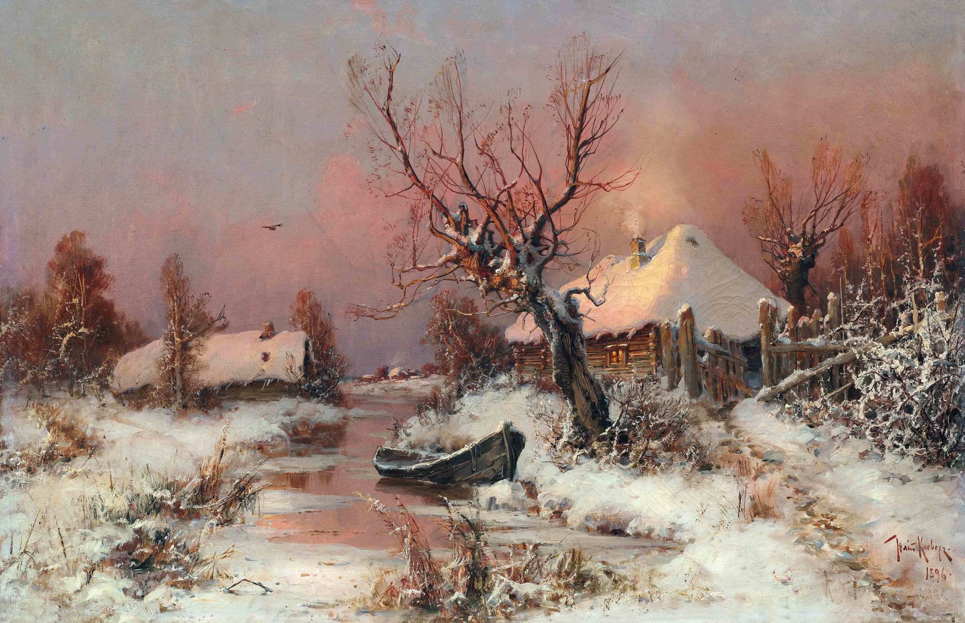 julius julius klee winterlandschaft mit fluss winter boot dorf schnee haus hütte himmel licht baum fluss zaun vogel