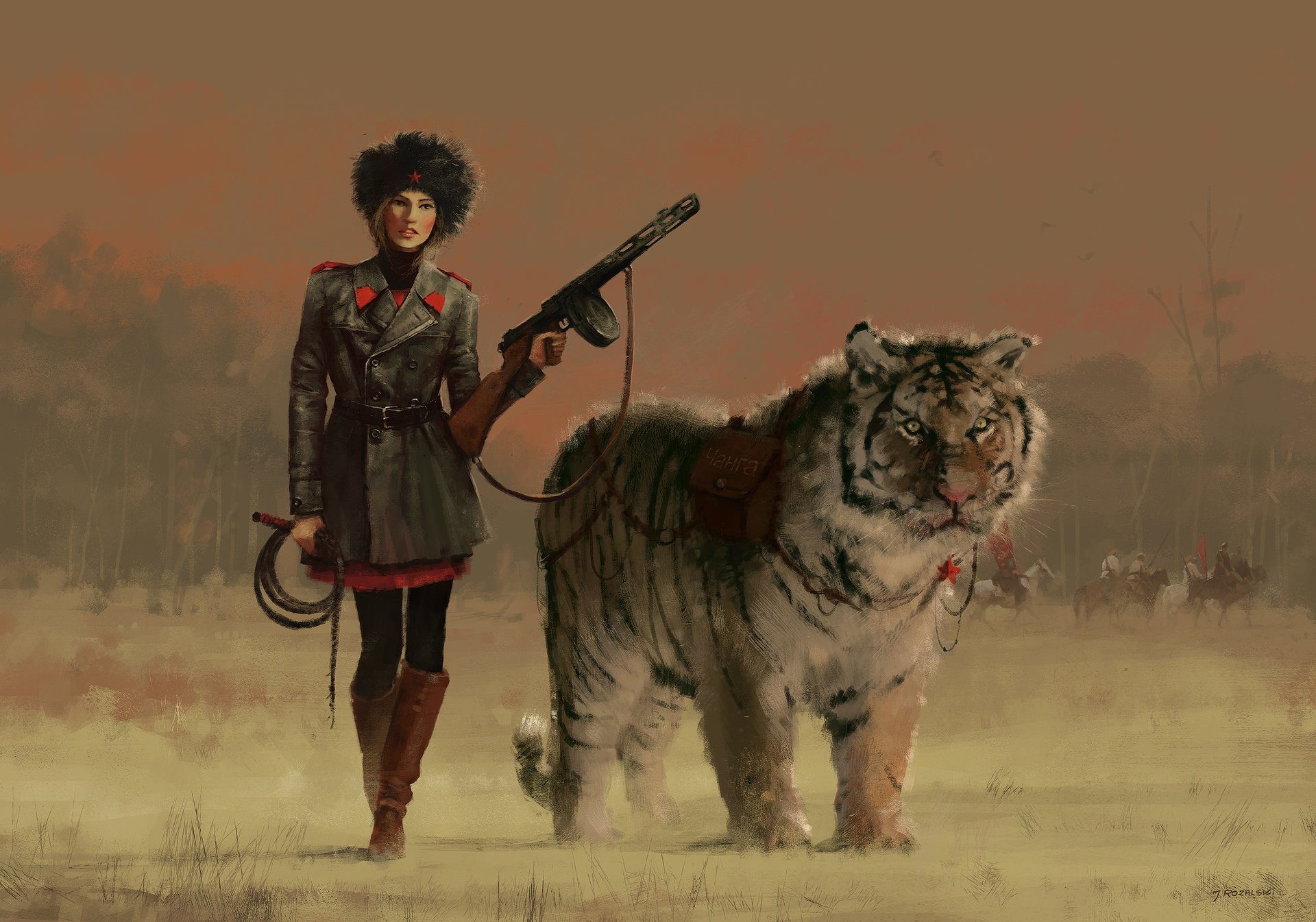 painting art girl form weapon animals tiger