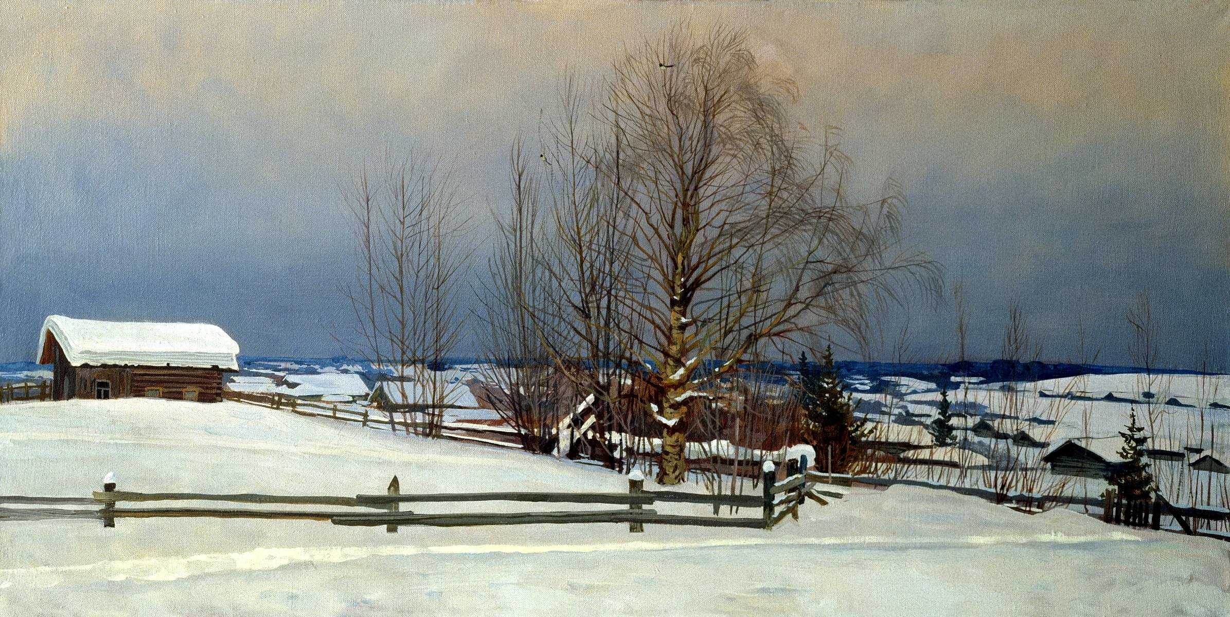 painting anokhin february crust pattern landscape snow fence chalet tree sky