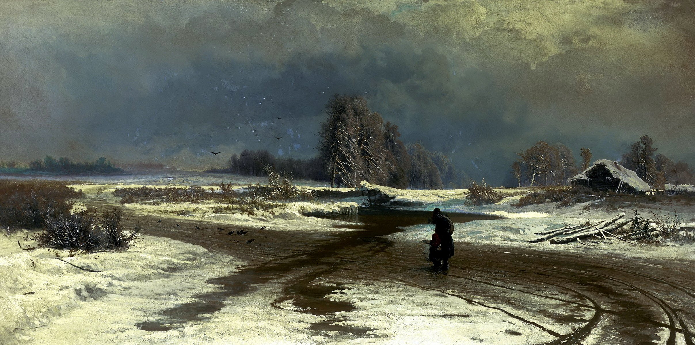 pittura vasiliev disgelo pittura neve fango uccelli cespugli uomo figure acqua strada casa cielo nuvole