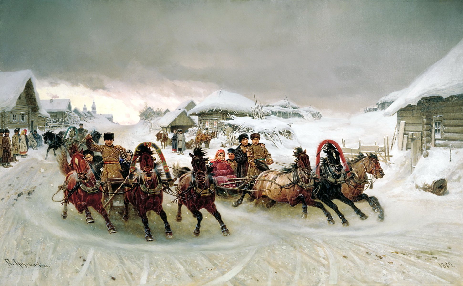 peinture géorgien maslenitsa peinture vacances trois chevaux neige traîneau personnes maisons cabanes ciel