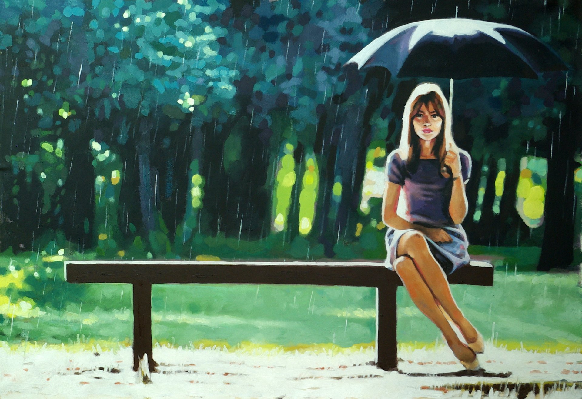 thomas saliot droit comme la pluie pluie fille parapluie banc parc arbres verdure humeur