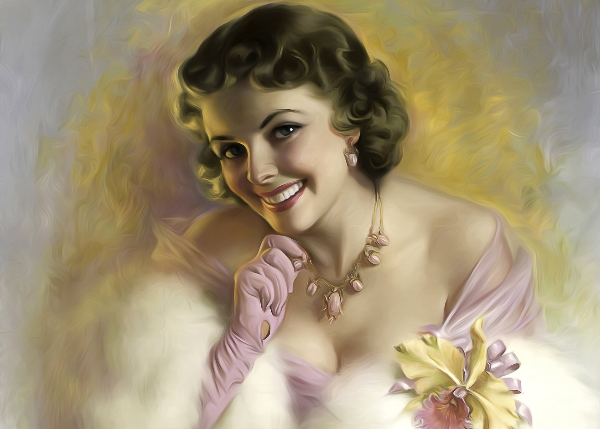 portrait girl hair style retro coquette smile orchid necklace gloves beauty cleavage view