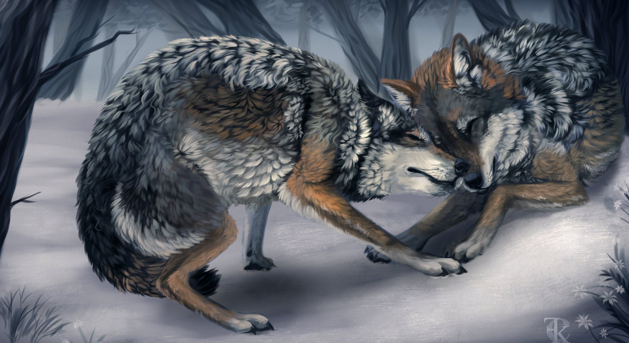 arte animales lobos salvaje juegos invierno árboles