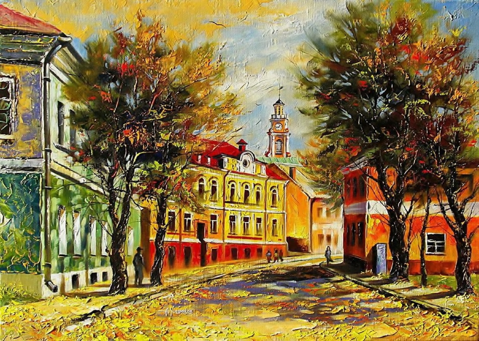 pittura camminatori pittura città strada autunno edifici case finestre persone figure campanile orologio