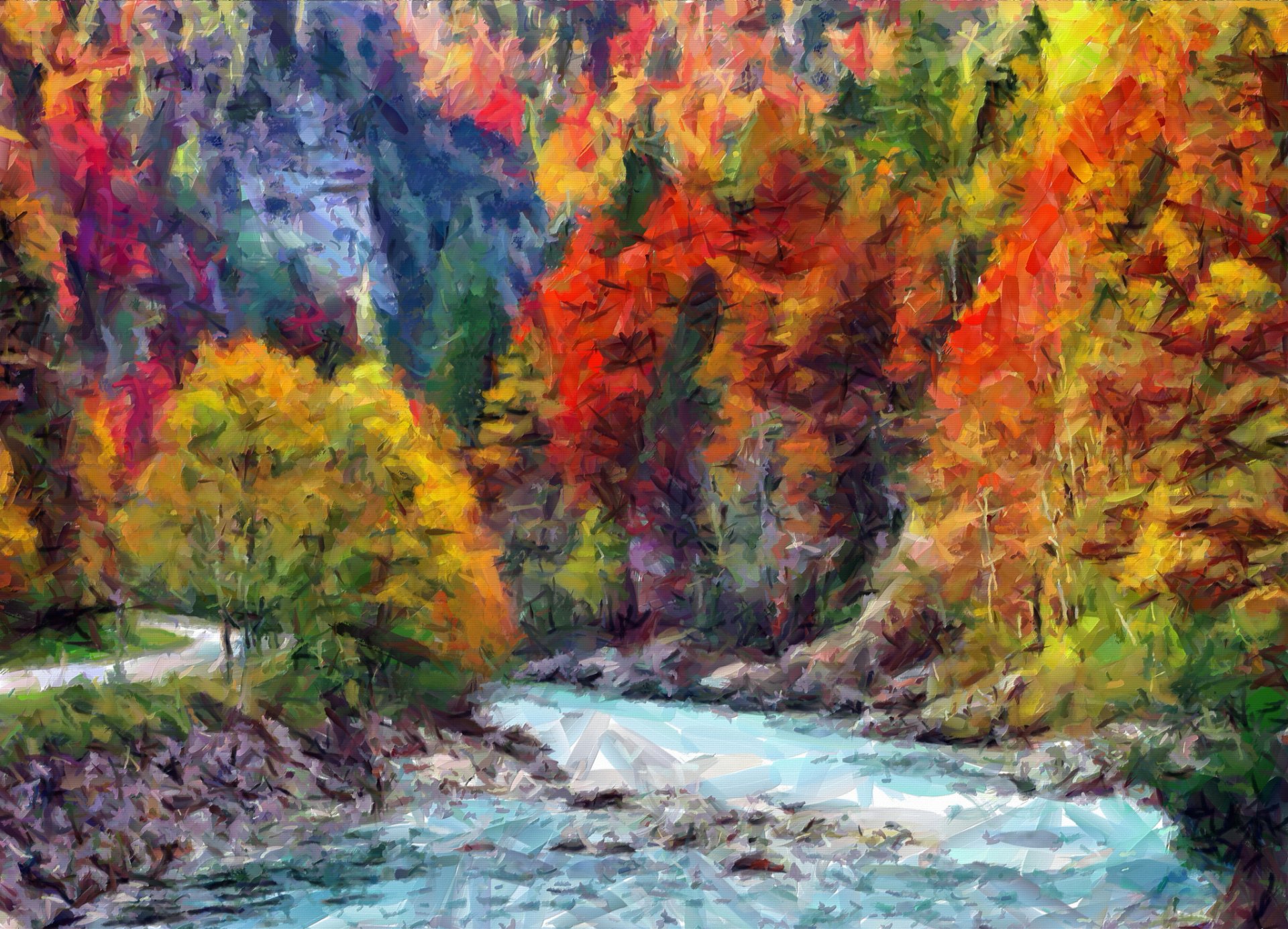 malerei leinwand landschaft berge wald herbst fluss straße