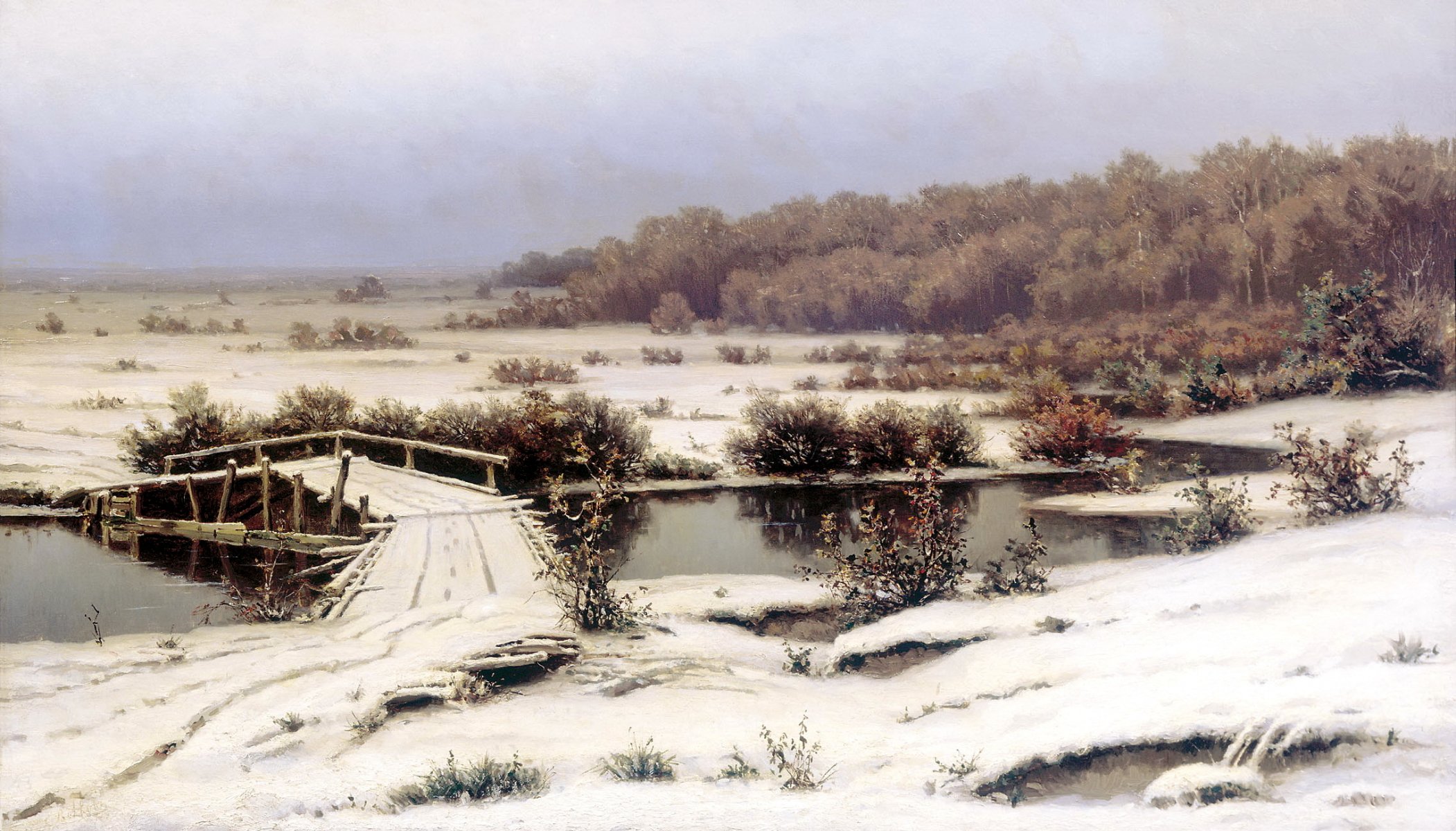 pittura lupi prima neve immagine tela paesaggio freddo ponte fiume foresta alberi cespugli acqua riva cielo