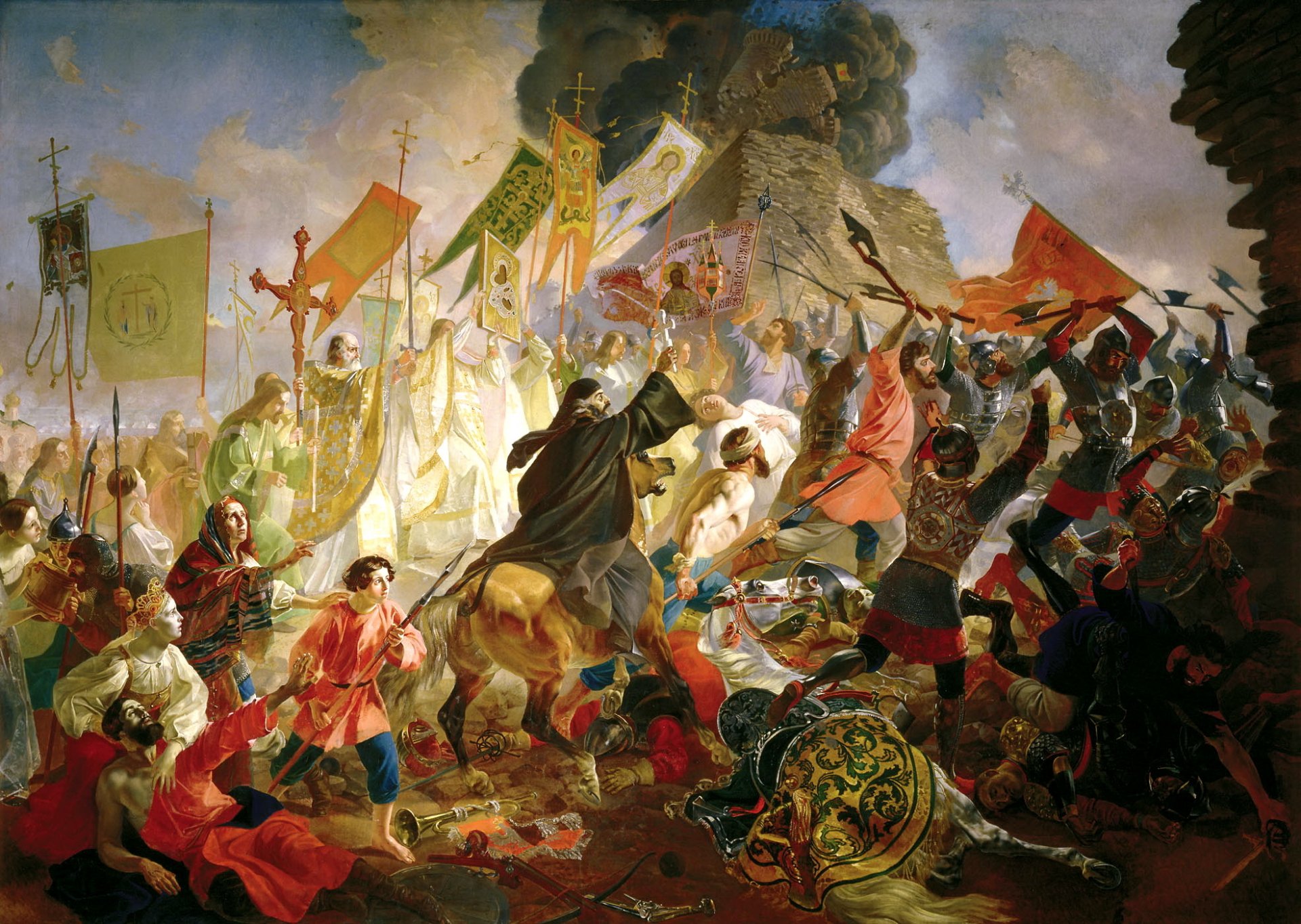 pintura bryullov karl asedio de pskov por el rey polaco stefan báthory 1581 situación batalla tropas personas banderas banderas fortaleza