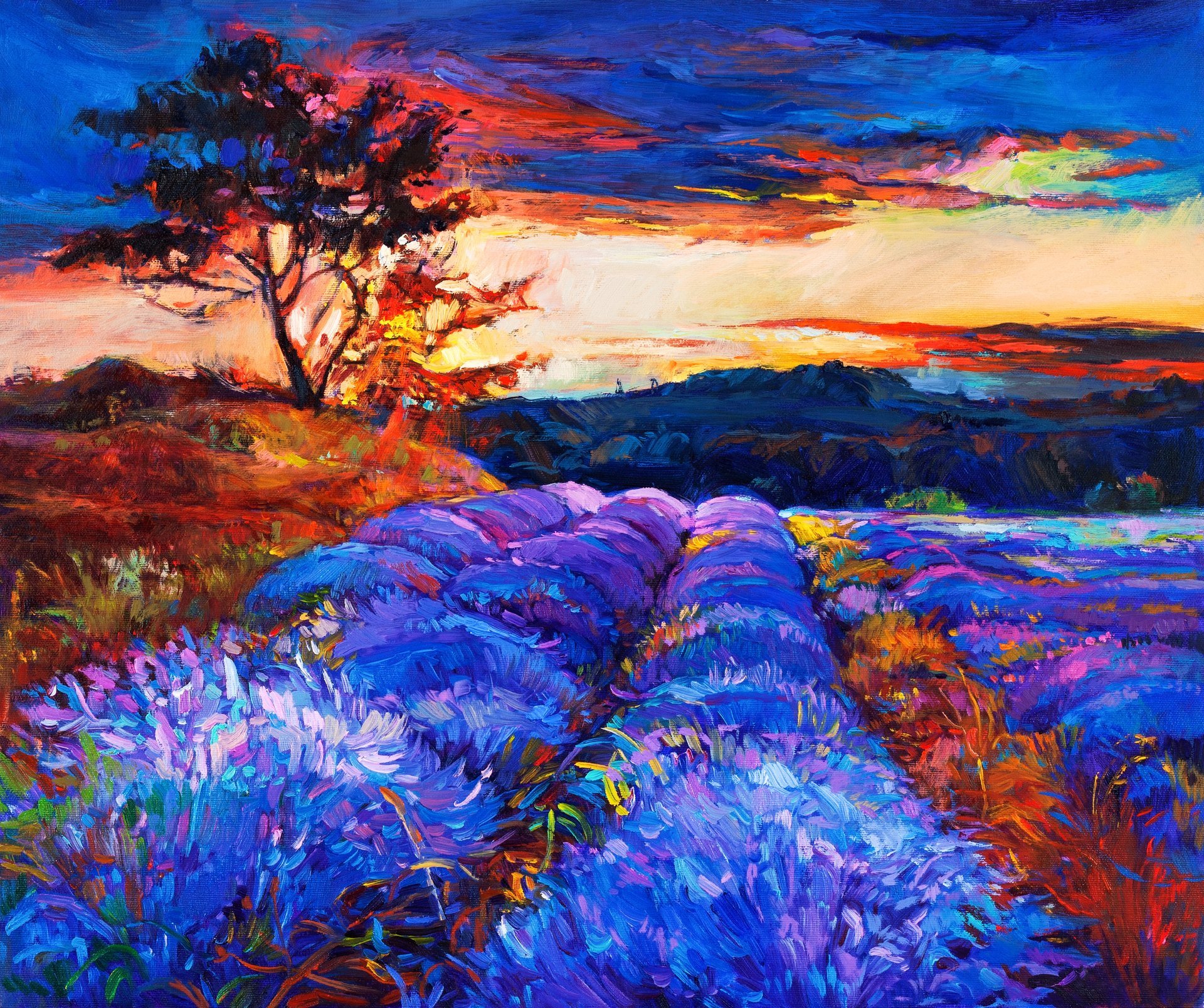 pintura naturaleza paisaje. árboles flores cielo