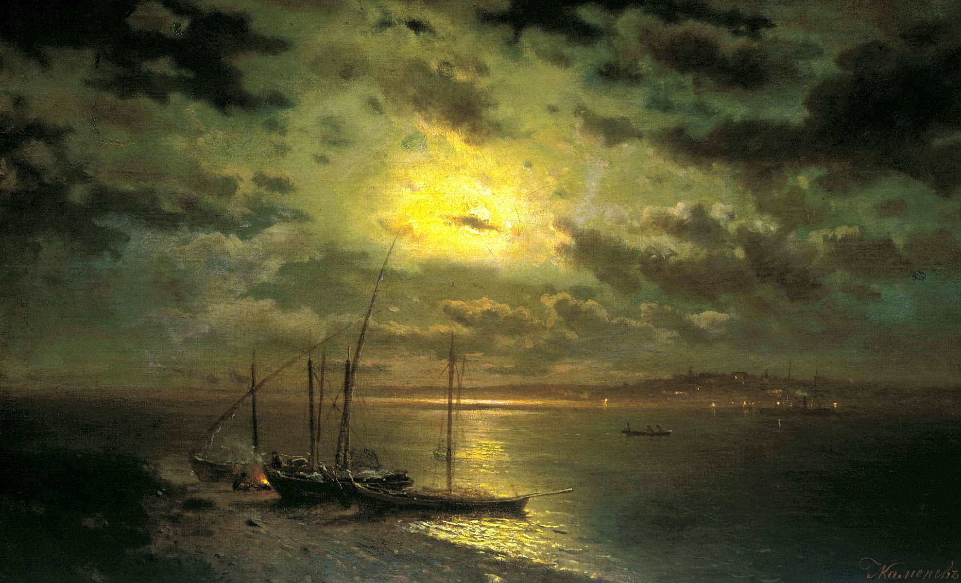 pittura kamenev notte di luna sul fiume pittura riva barche acqua cielo nuvole