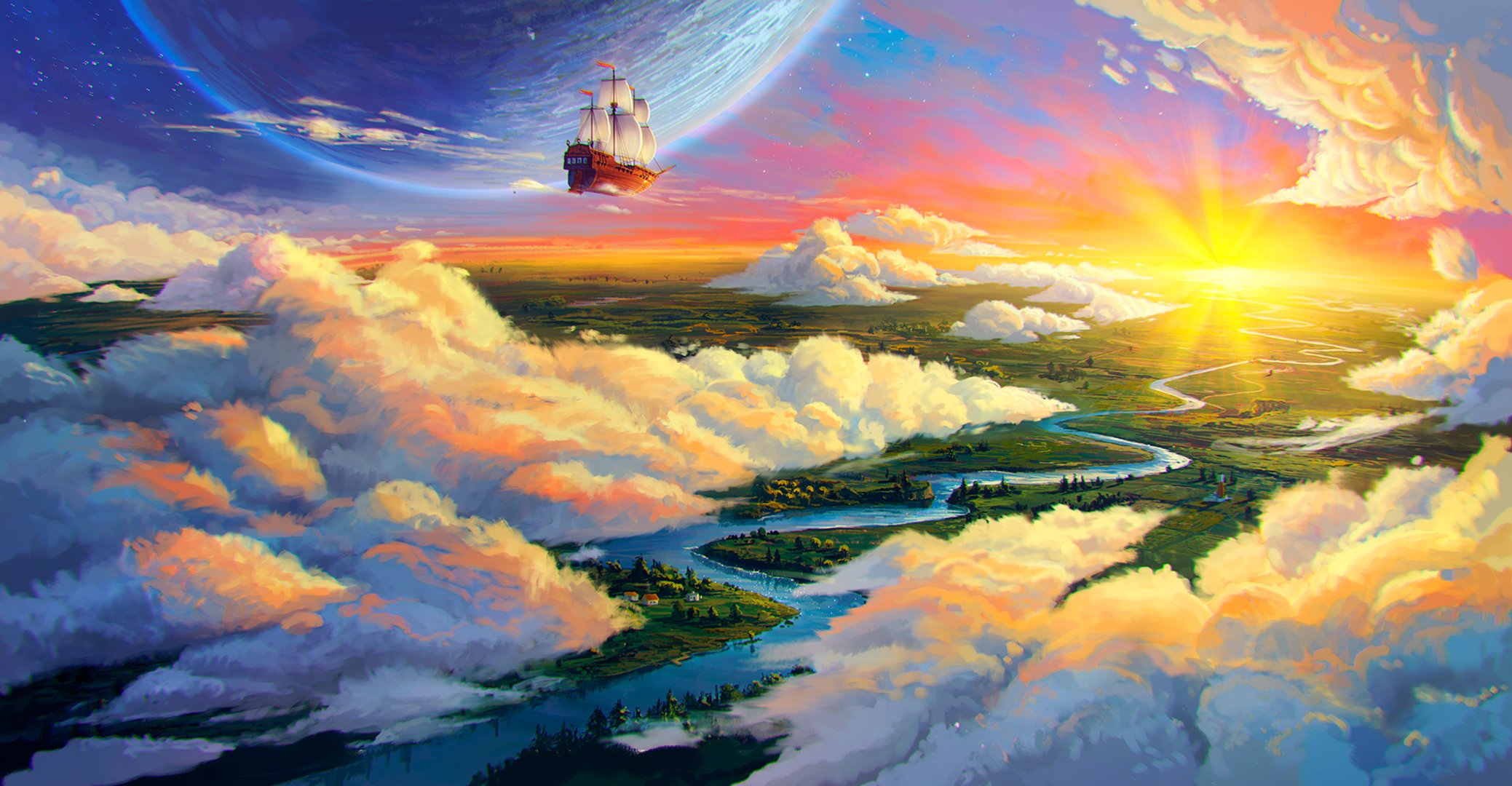 landscape art ship land planet clouds river