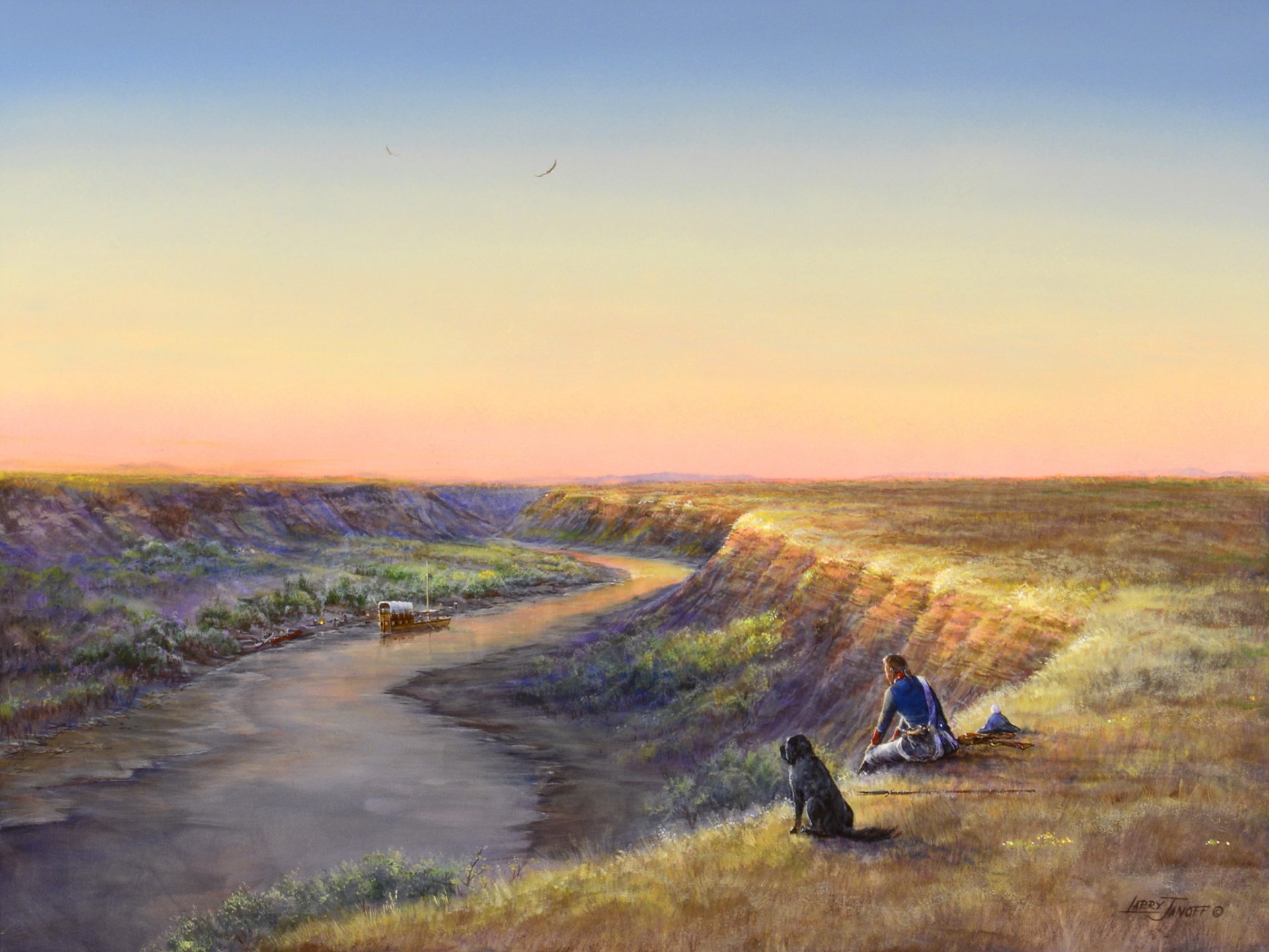 larry janoff hasta missouri con lewis y clark pintura paisaje cielo aves río missouri acantilado soldado perro barco