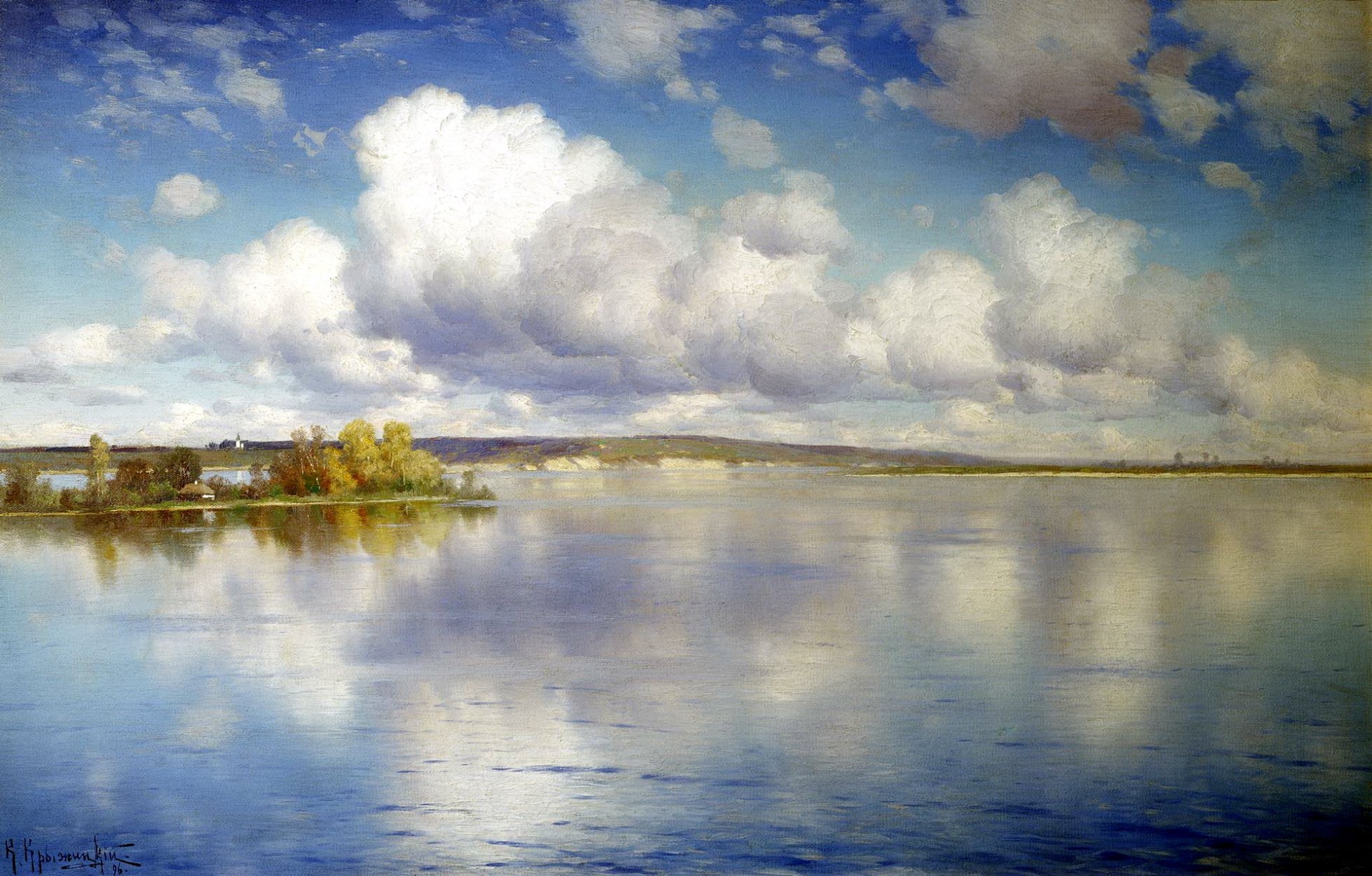 malerei kryzhicki see malerei landschaft wasser ufer bäume himmel wolken reflexion