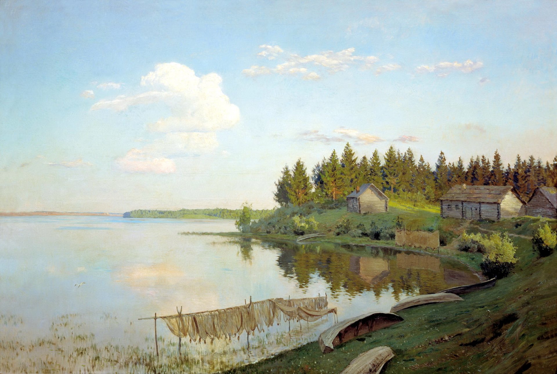 painting isaac levitan on the lake landscape nature water beach boat network sky