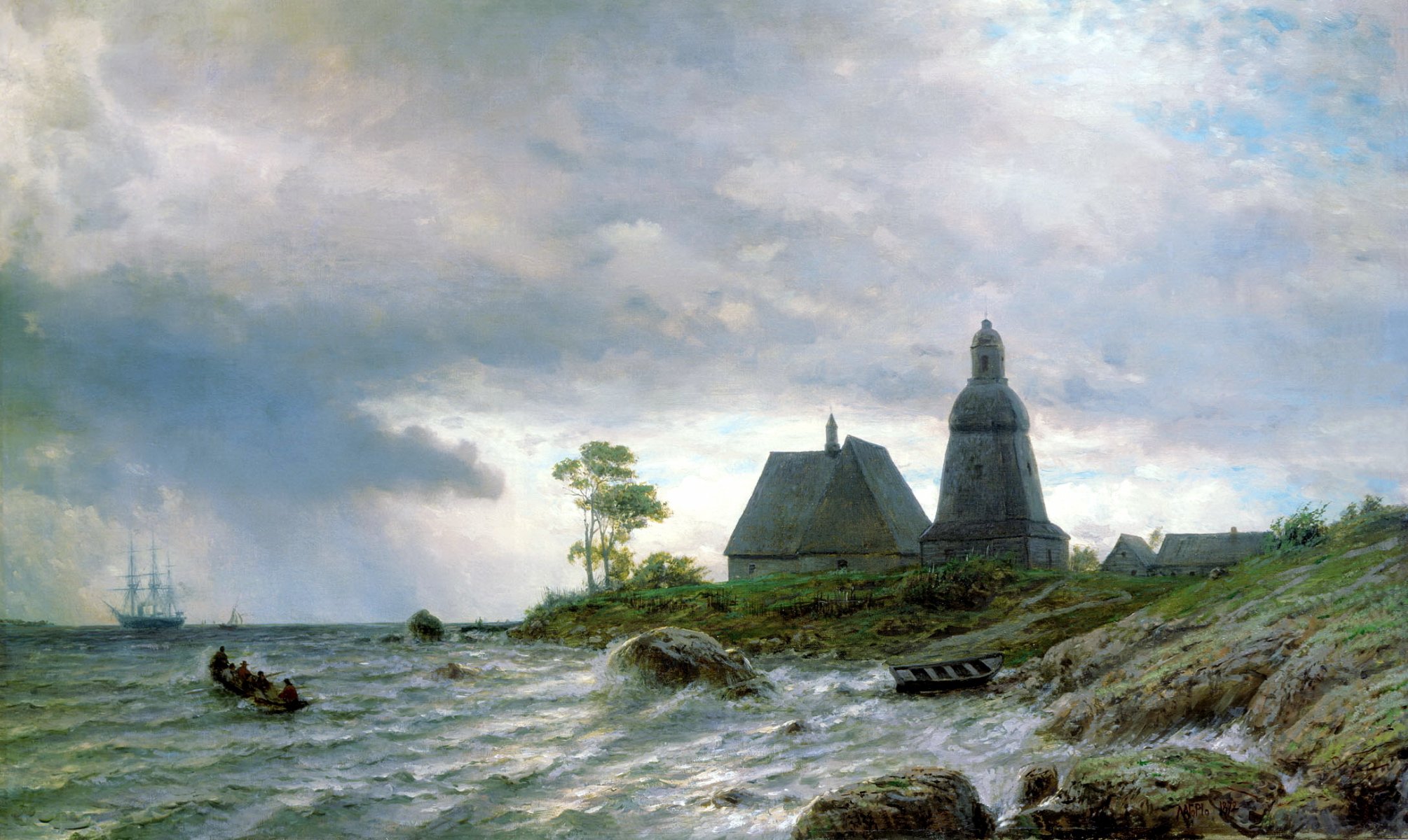 pintura lagorio león paisaje del norte pintura naturaleza olas del mar barcos personas agua costa velero piedras casa