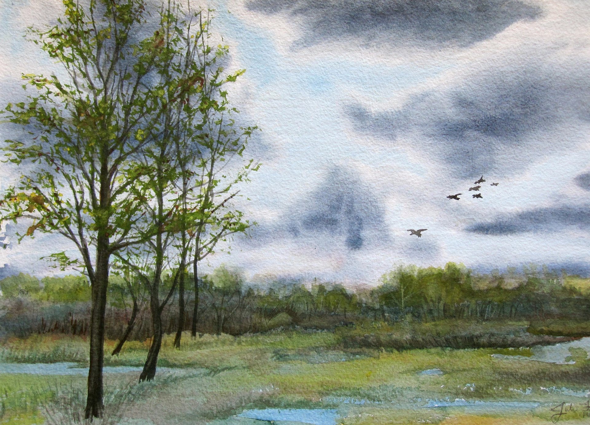 pintura paisaje lona cielo nubes pájaros árboles