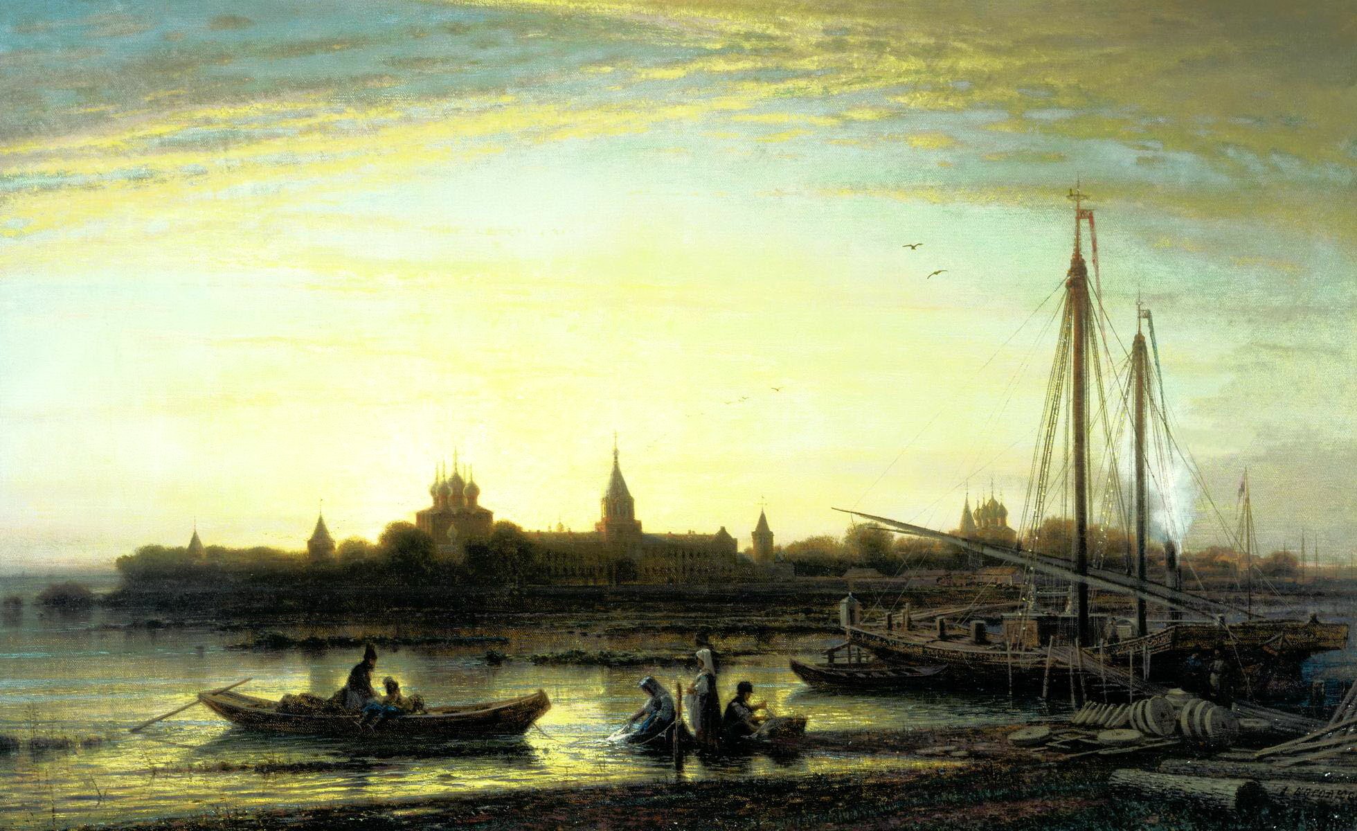 painting bogolyubov ipatiev monastery pattern kostroma river water people boat dawn sunset picture