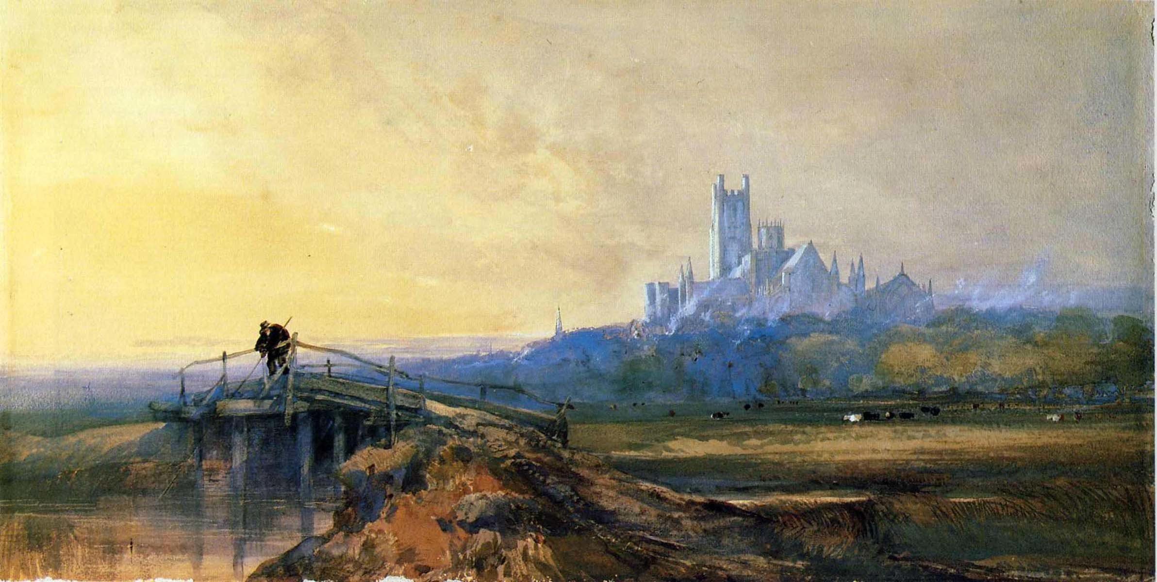 peinture rivière pont paysage château ciel matin aube