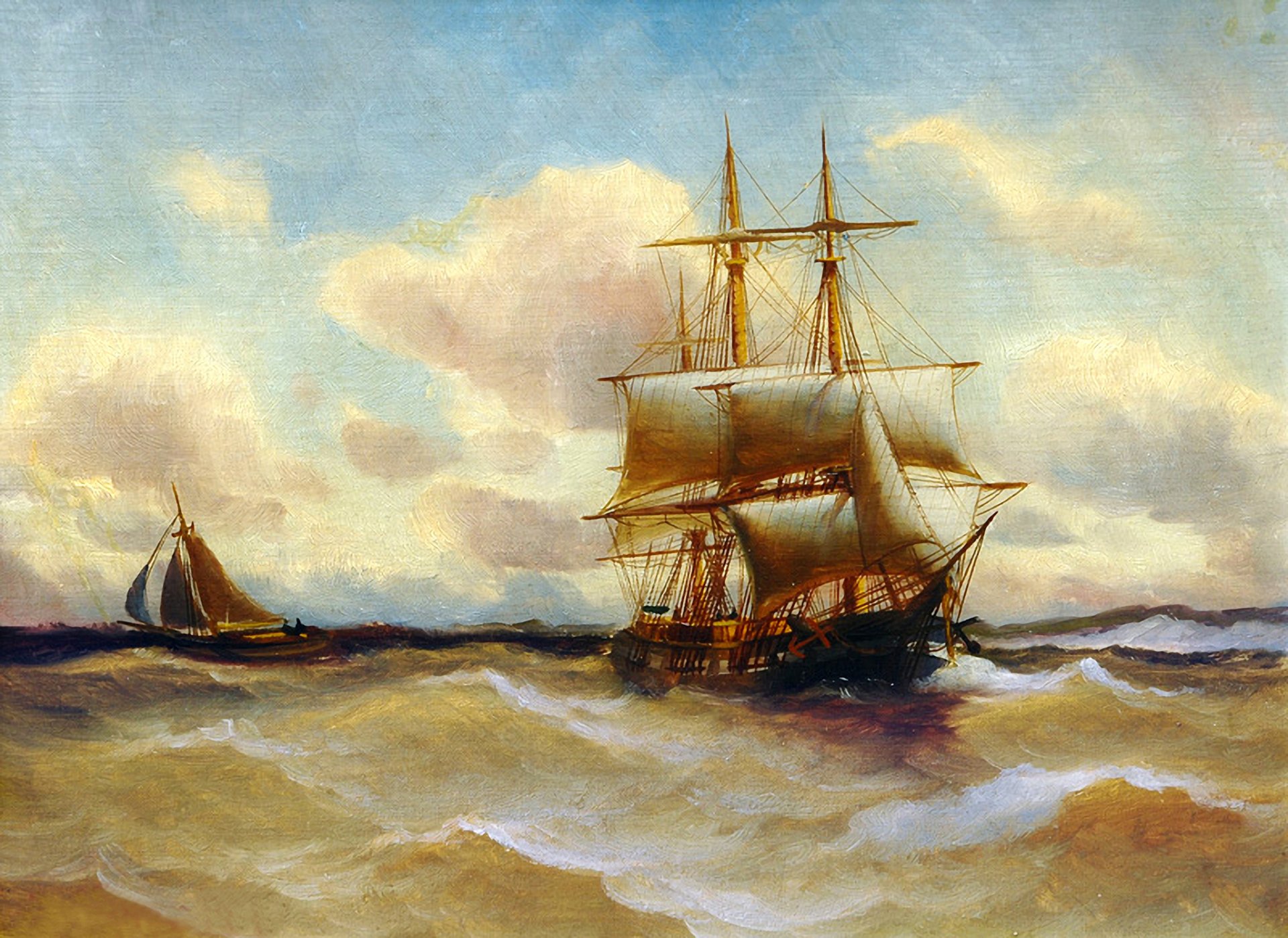 alfred jansen pittura paesaggio mare cielo nave vele barca onde tempesta