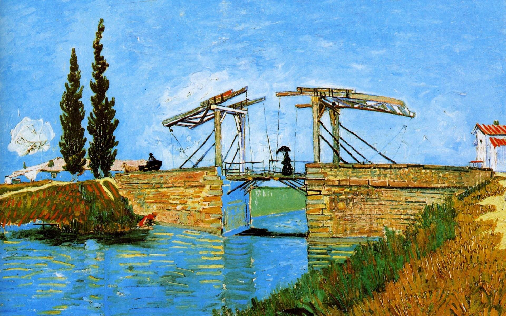 vincent van gogh puente de langlois en arles con las mujeres de lavado pintura cielo puente canal árboles chica casa