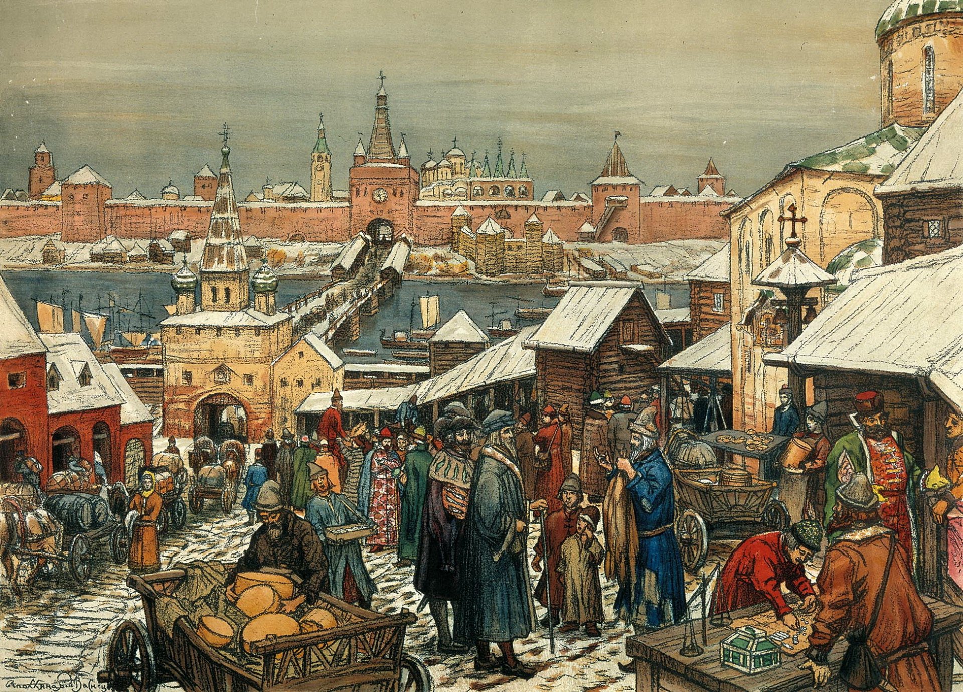 peinture vasnetsov apollinaire commerce de novgord peinture toile gens marchands commerce marchandises kremlin bâtiments charrette convoi pont rivière