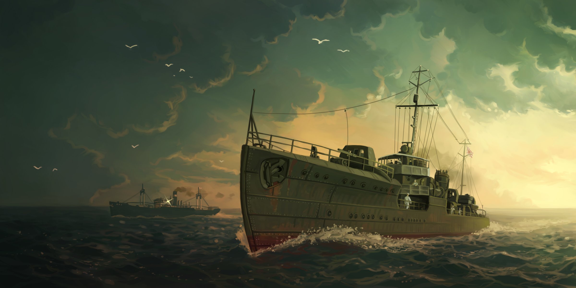 akikaze ship sea sky clouds art