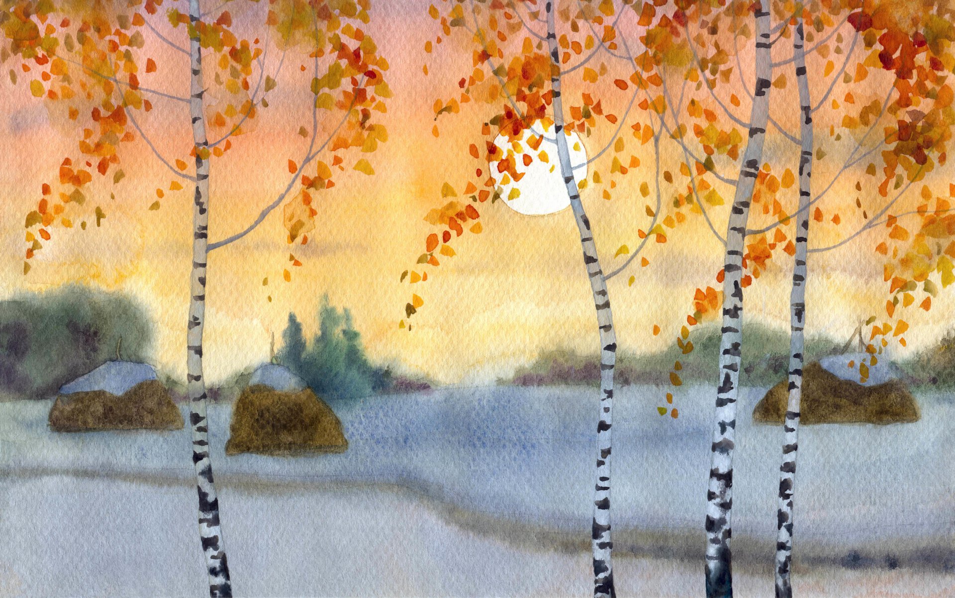 art peinture peinture saisons début arrivée hiver jauni feuilles neigeux champ visible sentier peinture coups de pinceau crayons aquarelle