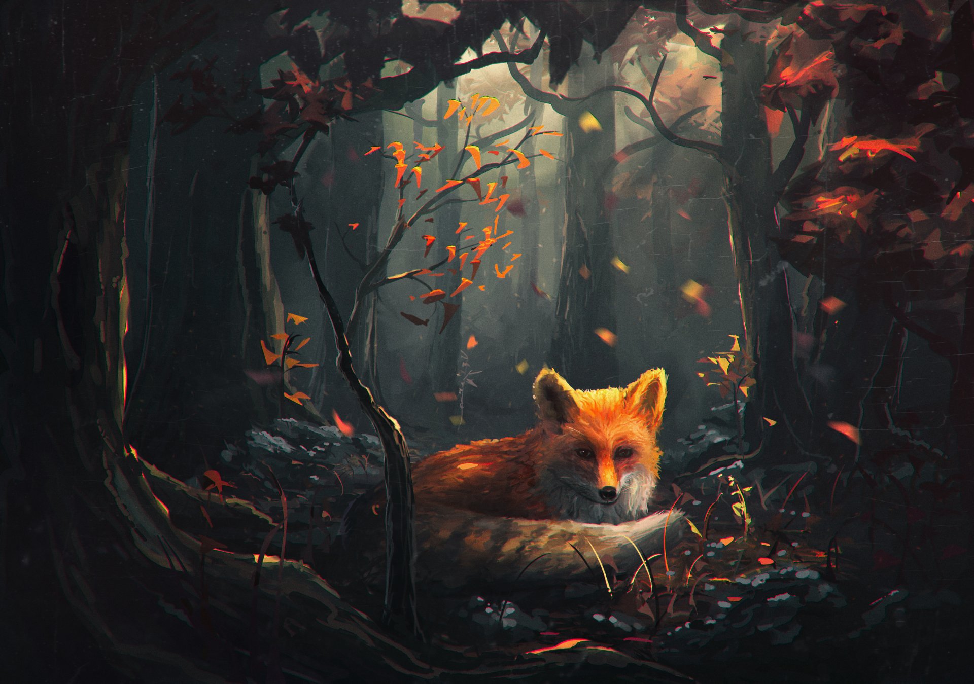 fox art view forest tree